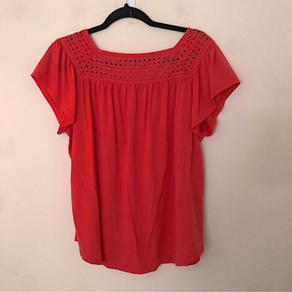 St. John’s Bay Coral Red Flowy Square Neckline Embroidered Short Sleeve Blouse - Picture 3 of 5